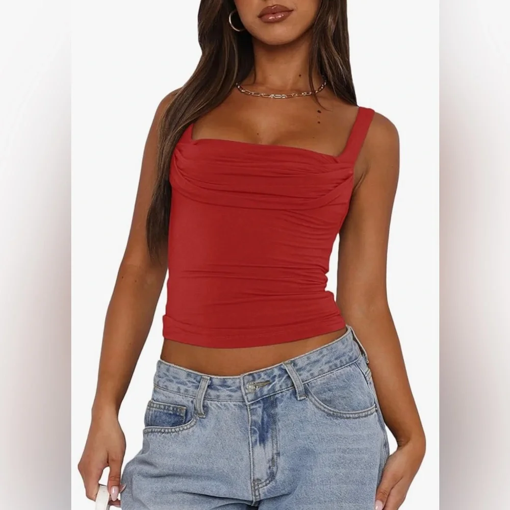 NWT Sleeveless Square Neck Strappy Tank Top Ruched Backless Crop Camisole Top
